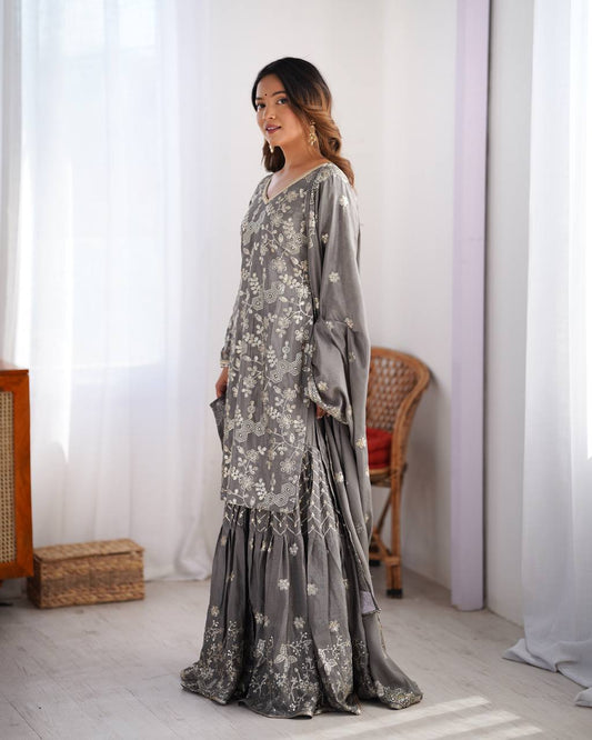 Gray Color Chinon Silk Wedding Wear Sharara Suit