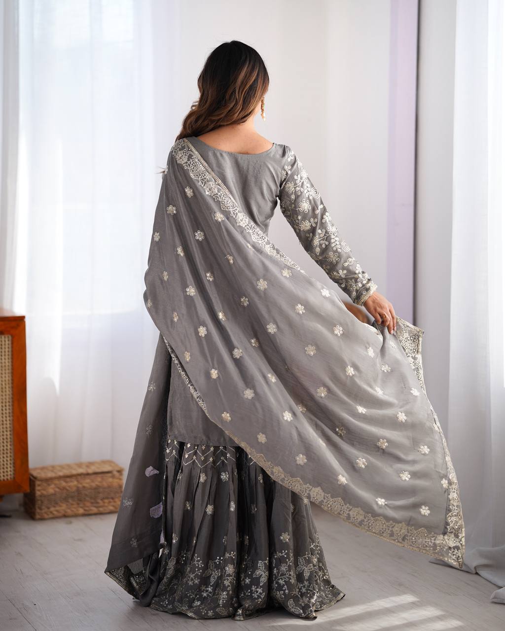 Gray Color Chinon Silk Wedding Wear Sharara Suit