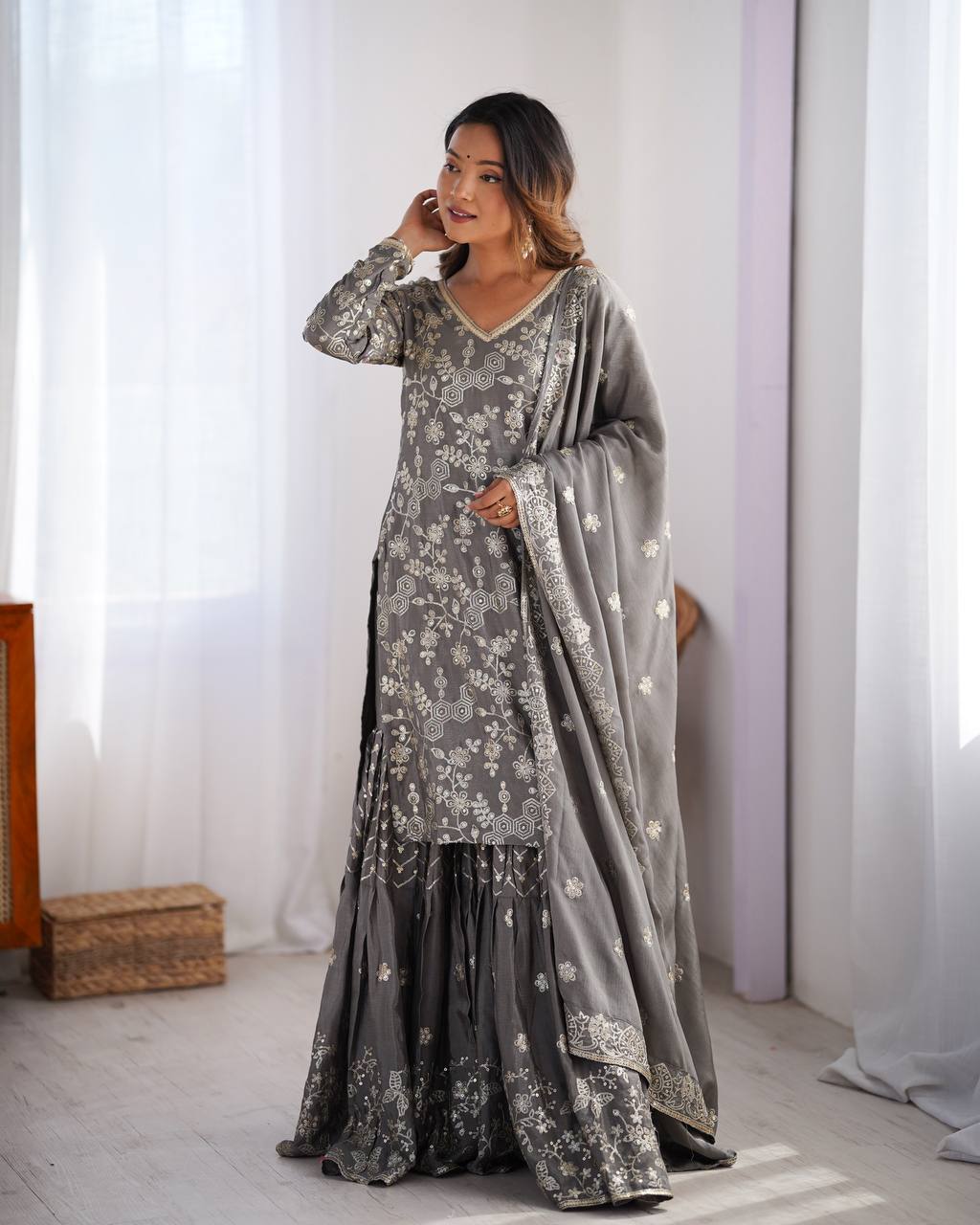 Gray Color Chinon Silk Wedding Wear Sharara Suit