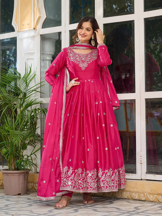 Rani Color American Silk Wear Long Anarkali Gown With Dupatta