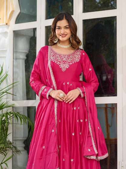 Rani Color American Silk Wear Long Anarkali Gown With Dupatta