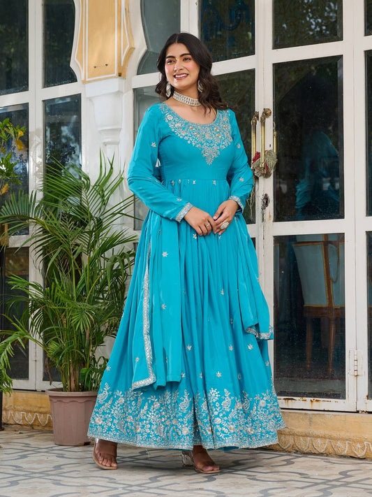 Sky Blue Color Function Wear Anarkali Long Gown With Dupatta