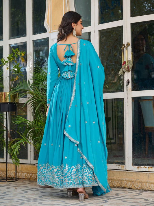 Sky Blue Color Function Wear Anarkali Long Gown With Dupatta