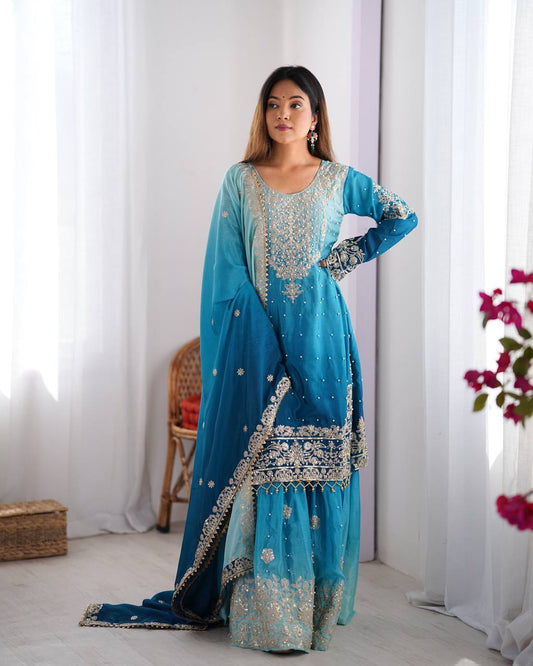 Royal Blue And Sky Color Coding With Sequence Work Sharara Suit