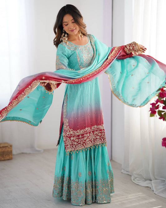 Sky Blue And Pink Color Chinon Silk With Sequence Work Sharara Suit