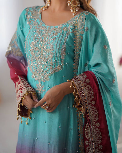 Sky Blue And Pink Color Chinon Silk With Sequence Work Sharara Suit