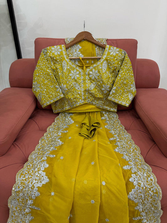 Heavy Tabby Silk Yellow Color Wedding Wear Saree