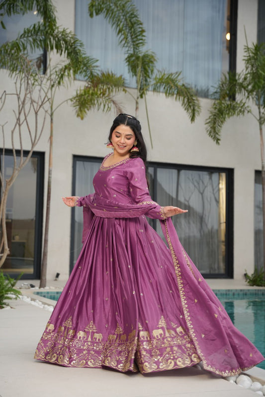 Purple Color Chinon Silk With Embroidery Work Gown With Dupatta