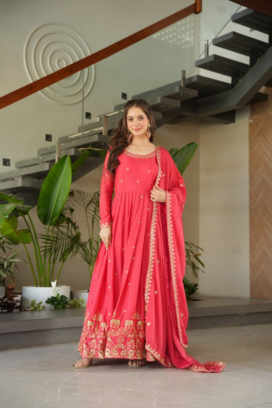 Red Color Chinon With Embroidery Work Gown With Dupatta
