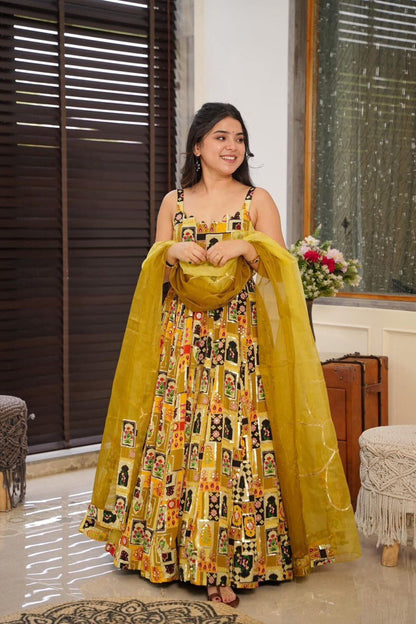 Yellow Color Beautiful Digital Printed Long Anarkali Gown With Dupatta
