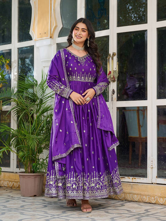 Beautiful Purple Color American Silk With Sequence Work Anarkali Gown