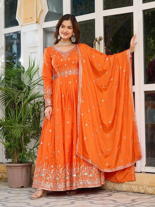 Orange Color American Silk With Thread And Sequence Work Anarkali Gown