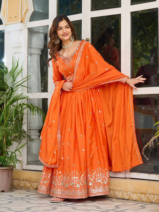 Orange Color American Silk With Thread And Sequence Work Anarkali Gown