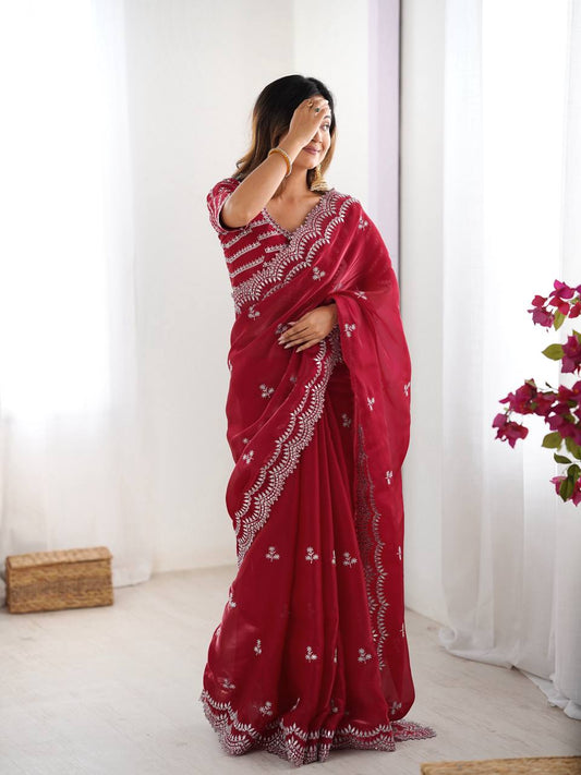 Heavy Red Color Wedding Wear Saree for Women