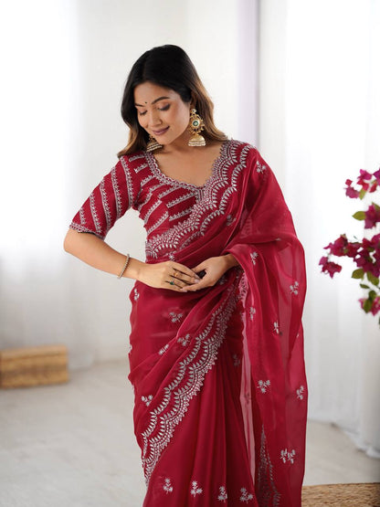 Heavy Red Color Wedding Wear Saree for Women