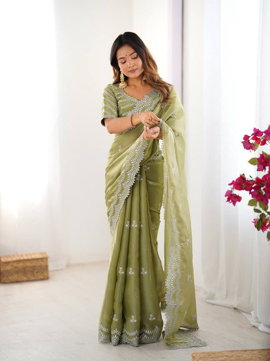 Pista Green Color Jimmy Chu Silk Party Wear Saree