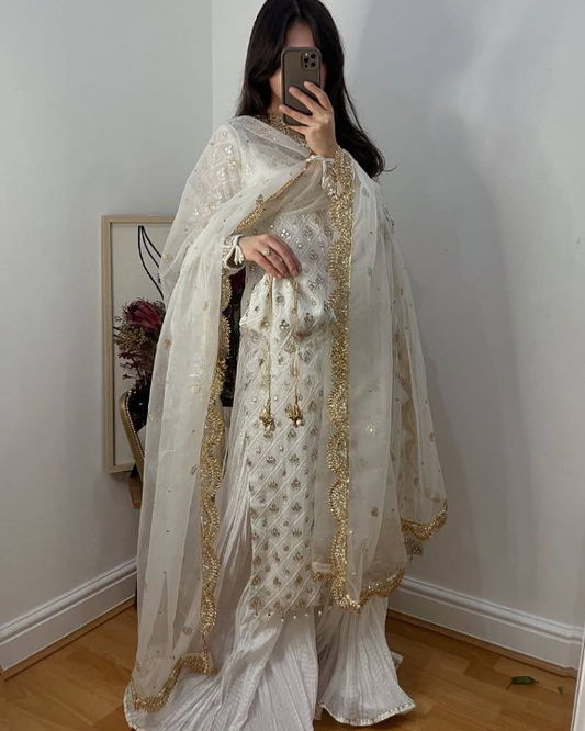 White Color Faux Georgette With Sequence Work Sharara Suit