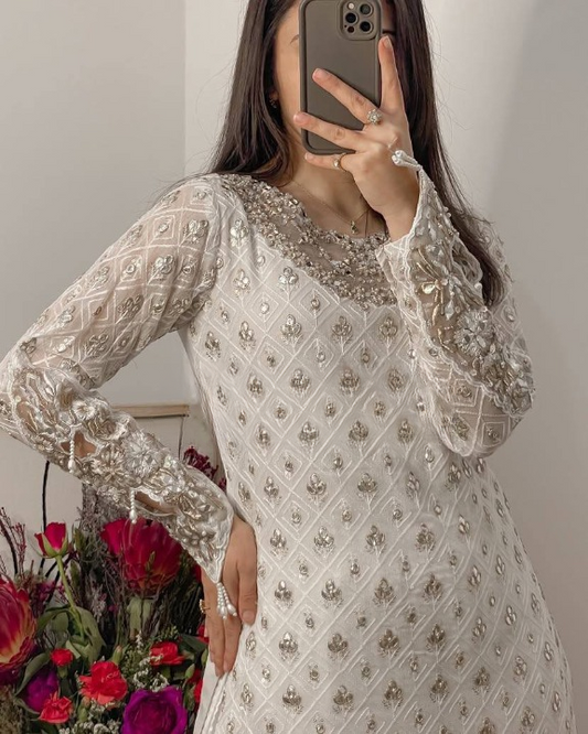 White Color Faux Georgette With Sequence Work Sharara Suit