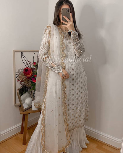 White Color Faux Georgette With Sequence Work Sharara Suit