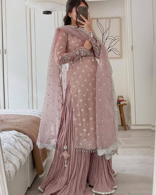 Coffee Color Faux Georgette With Sequence Work Sharara Suit