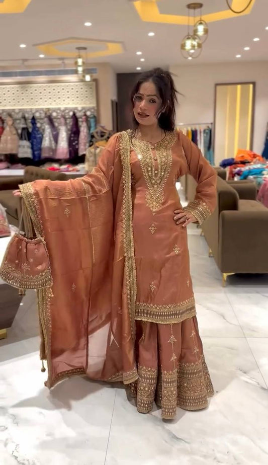 Designer Chinon Silk Light Orange Embroidery Work Sharara Suit
