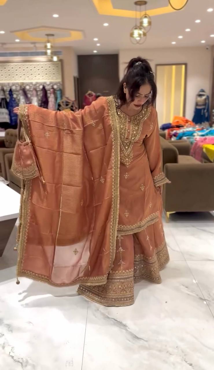Designer Chinon Silk Light Orange Embroidery Work Sharara Suit