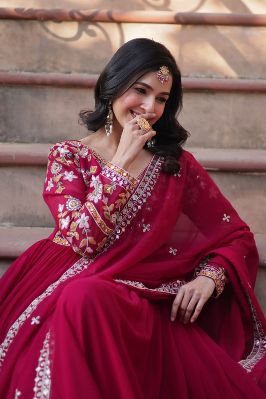 Red Color Faux Georgette With Embroidery Work Gown