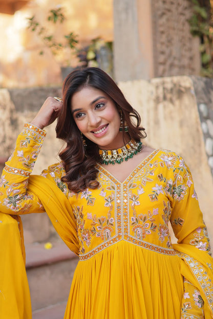 Yellow Color Embroidery With Sequence Long Gown With Dupatta