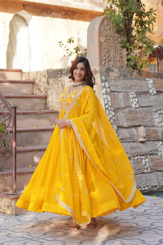 Yellow Color Embroidery With Sequence Long Gown With Dupatta
