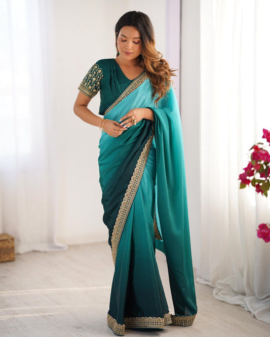 Sky Blue And Rama Color Chinon Silk With Thread Work Saree