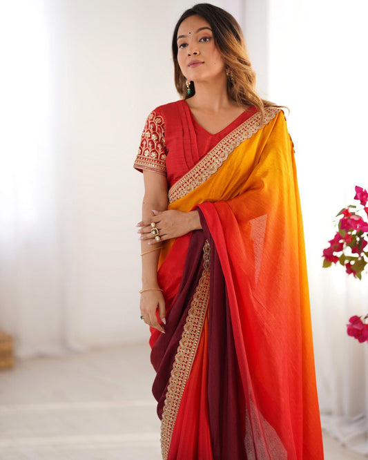 Multi Color Festive Wear Chinon Silk Saree For Women
