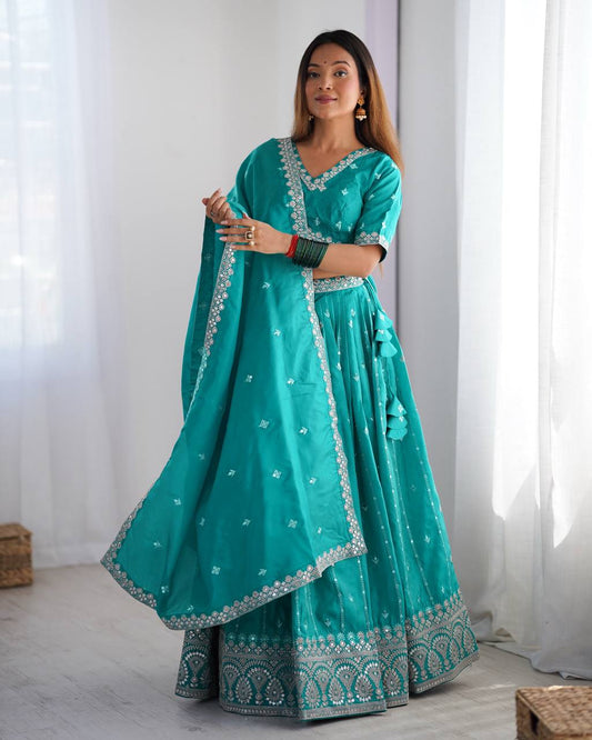 Sky Blue Color Shimmer Silk Thread With Sequence Work Lehenga Choli