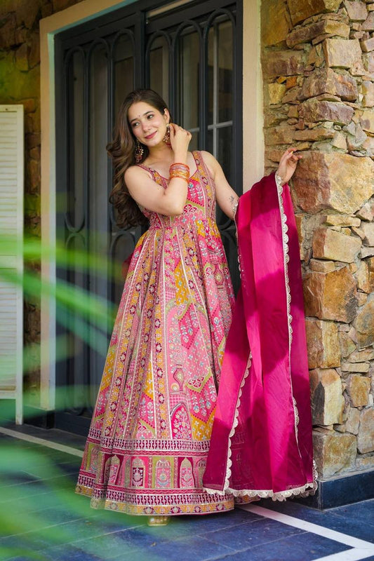 Multi Color Jimmy Organza Silk With Digital Printed Anarkali Gown