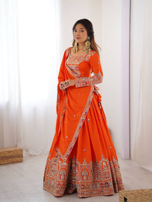 Orange Color Natural Creap Silk Wear Wedding Wear Lehenga Choli