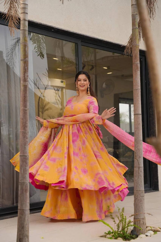 Designer Orange And Pink Color Digital Printed Work Long Gown