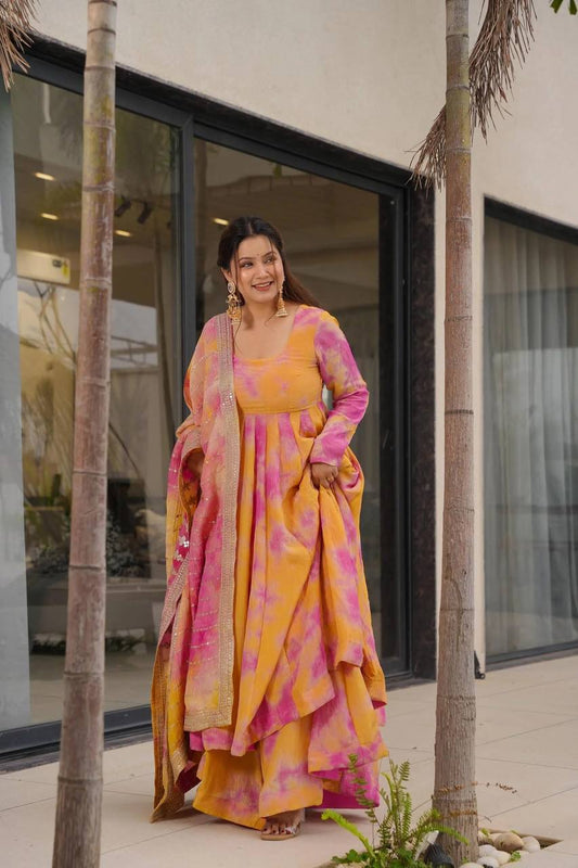 Designer Orange And Pink Color Digital Printed Work Long Gown