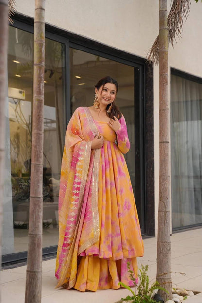 Designer Orange And Pink Color Digital Printed Work Long Gown