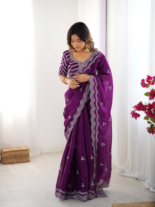 Party Wear Purple Color Jimmy Chu Silk Wear Saree For Women