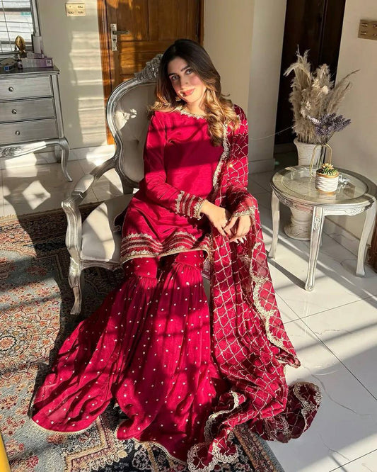 Red Color Faux Georgette With Sequence Work Gharara Suit For Women