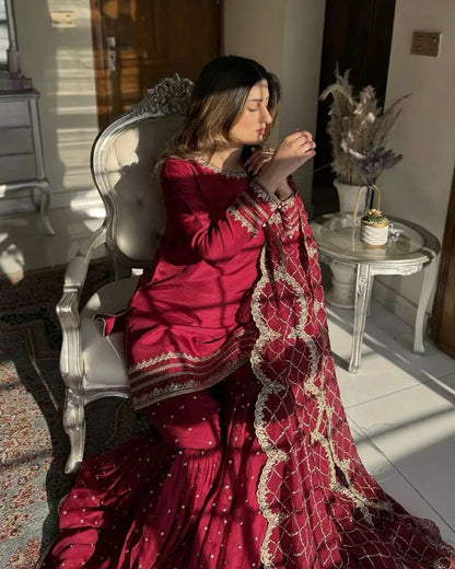 Red Color Faux Georgette With Sequence Work Gharara Suit For Women