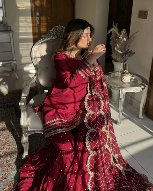 Red Color Faux Georgette With Sequence Work Gharara Suit For Women