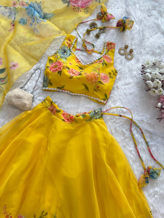 Yellow Color Organza Silk With Digital Printed Lehenga Choli