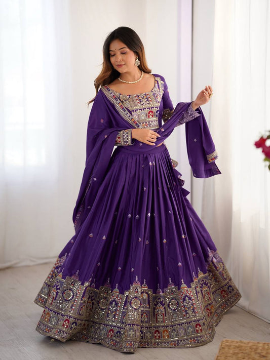 Wedding Wear Purple Color Coding With Sequence Work Lehenga Choli