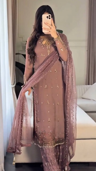 Coffee Color Georgette With Sequence Work Plazoo Suit For Women