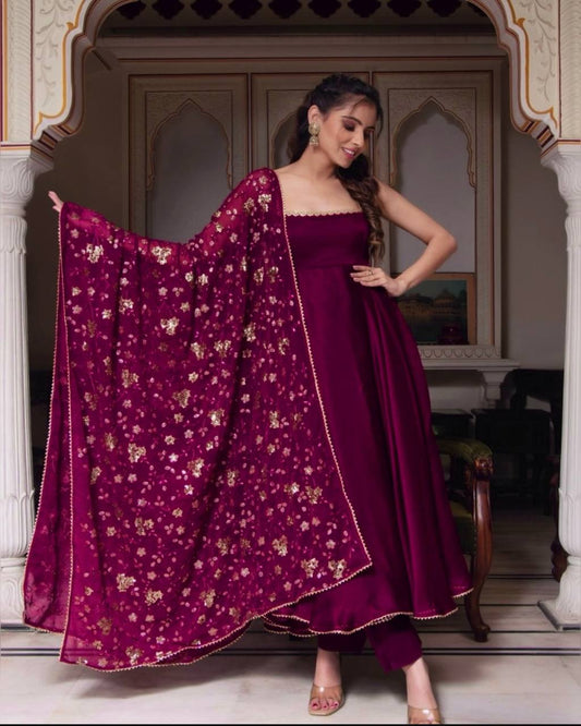 Rani Pink Designer Long Gown With Pent And Dupatta