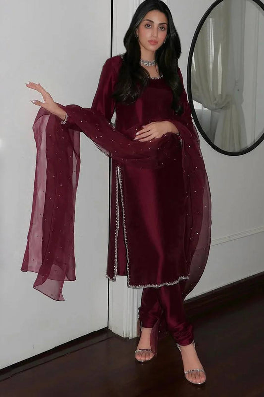 Red Color Pure Jimmy Chu Silk Sequence Work Suit