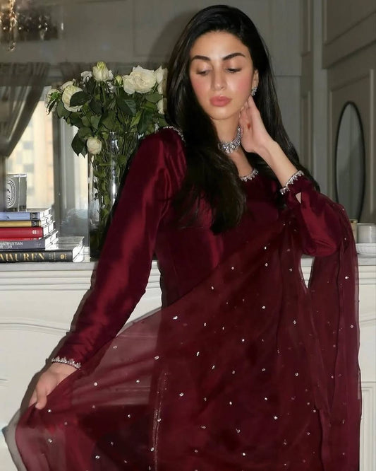 Red Color Pure Jimmy Chu Silk Sequence Work Suit