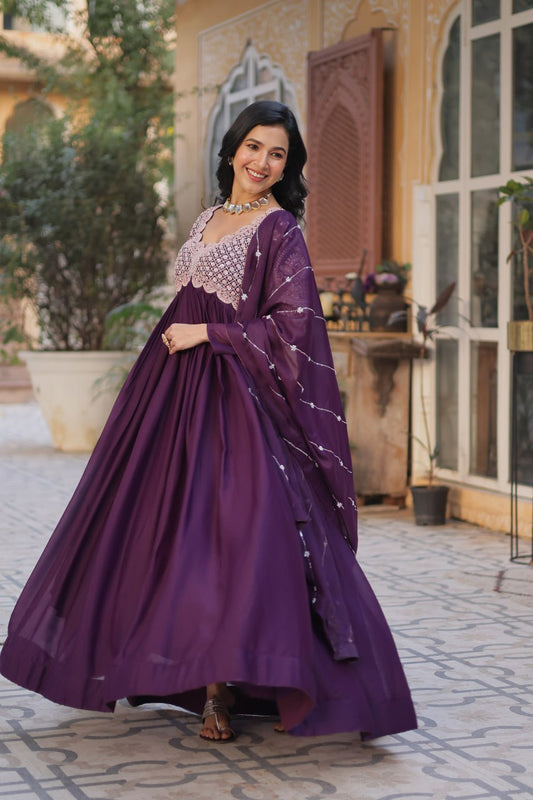 Purple Color Georgette With Embroidery And Sequence Work Gown