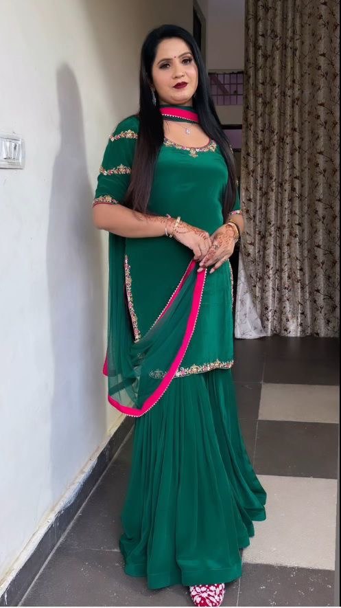 Green Color Natural Crep With Thread And Sequence Work Sharara Suit