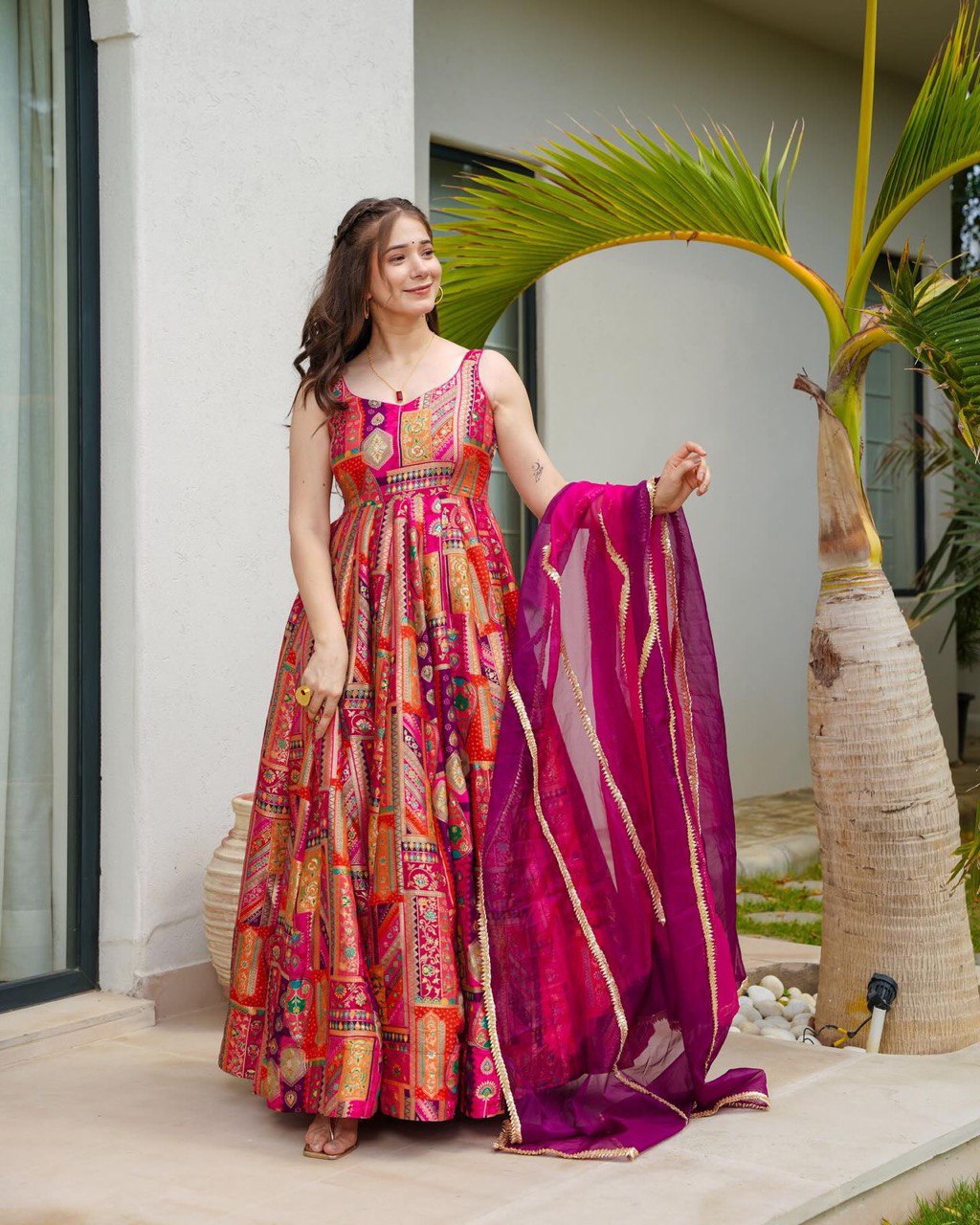 Pink Color With Multi Color Digital Printed Fully Flair Gown With Dupatta